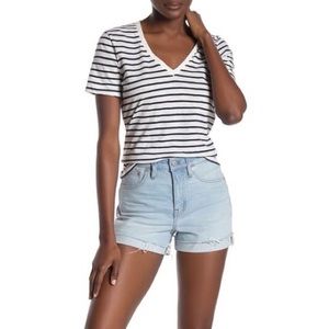 Navy Blue and White Striped V-Neck T-Shirt